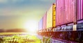 Train container railway load in ship port for logistic and transport business; Royalty Free Stock Photo