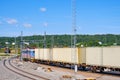 Train with container wagons on a yard