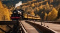 train in the countryside _A vintage locomotive with a black smokestack and a yellow passenger car, crossing a wooden bridge