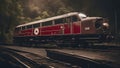 train in the countryside A vintage train with a retro style emblem on its front. The train is black and red, Royalty Free Stock Photo