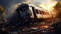 Train crash created with Generative AI. Derailed damaged wagon beside the rails.