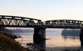 Train crosses the bridge over the Po river - Cremona, Italy