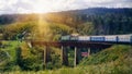 Train crossing a bridge in a mountainous area. Railway bridge over which the train goes. Railroad in a mountainous area.