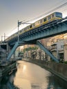 Train crossing river over a bridge in Tokyo