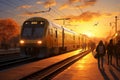 Train depart people sunset. Generate Ai