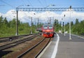 The train departs from the station Petrokrepost. Leningrad region Royalty Free Stock Photo