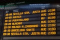 Information board of train departures at Atocha station in Madrid
