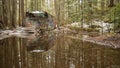 Abandoned train with water reflection in the middle of a forest in Whistler, BC, Canada