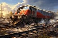 Train destroyed by fire. 3D illustration of an old train, serious rail accident, AI Generated