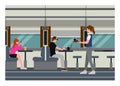 Train dining car interior with passengers and stewardess activity. Simple flat illustration. Royalty Free Stock Photo