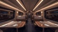 Train dining car interior with sleek tables, modern lighting, and compact layout Royalty Free Stock Photo