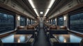 Train dining car interior with sleek tables, modern lighting, and compact layout Royalty Free Stock Photo