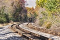 A train disappearing in the distance in an autumn landscape