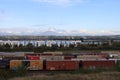 Train dock, olympic mountains and Mount Rainier