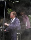 Train Driver on Steam Train at Oxenhope Railway Station on Keighley and Worth Valley Railway. Yorkshire, England, UK,