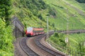 Train driving along german river Moselle Royalty Free Stock Photo