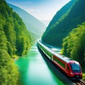 train driving through a beautiful landscape with a river and a forest preserving nature with sustainable transportation