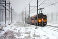 Train driving in severe snowstorm in Amsterdam Netherlands