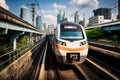 A train effortlessly navigates its way through a bustling train station surrounded by towering city skyscrapers, The high-speed