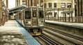 Train on elevated tracks within buildings at the Loop, Chicago City Center - Black Gold Artistic Effect - Chicago, Illinois Royalty Free Stock Photo