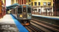 Train on elevated tracks within buildings at the Loop, Chicago City Center - Warm Sunset Artistic Effect - Chicago, Illinois Royalty Free Stock Photo