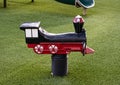 Train engine for a child to ride like horse located in a playground at a church in Dallas, Texas.