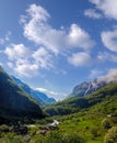 Train between fjords, railroad from Flam to Myrdal in Norway