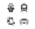 Train, Flight destination and Ship icons. Car sign. Tram, Airplane trip, Shipping watercraft. Transport. Vector