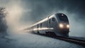 train in the fog High speed train traveling in lightning dust interstellar in ethereal fantasy mist