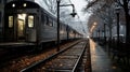 a train on a foggy day in the city