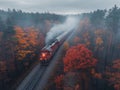 Train in forest in fog at sunrise. Aerial view of Colorful landscape with railroad Royalty Free Stock Photo