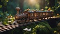 train in the forest magical train on a mystical railway in the forest. The train is made of wood and vines,