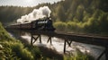 train in the forest A steam train on a wooden trestle bridge over a river. Royalty Free Stock Photo