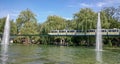 Train and fountains Europapark, Rust, Germany Royalty Free Stock Photo