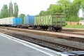 train freight cars on railroad tracks, metal rails, concrete sleepers, engineered structures with guide rail track, concept of