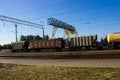 Train freight cars transport bulky goods, stop at the railway station