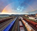 Train Freight transportation with rainbow - Cargo transit Royalty Free Stock Photo