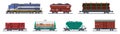 Train freight wagons, railway cargo containers vector