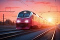 Train going along tracks at sunrise. AI Generated Royalty Free Stock Photo