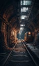 A train going through a tunnel with graffiti on the walls and unsplash, futurism in random circular platforms on worksafe. AI Royalty Free Stock Photo