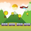 train, hot air balloon and plane. Vector illustration decorative design Royalty Free Stock Photo