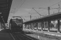 Train idling on tracks by overgrown station with grass and weeds in Iasi, Romania