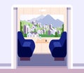 Train interior. Empty trains compartment without travellers. Summer landscape in coach window. Railway journey vector