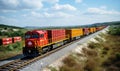 Train Journey: Vibrant Red and Yellow Train Speeding Through Scenic Railway Tracks Royalty Free Stock Photo