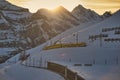 Train in Kleine Scheidegg under Eiger, Monch and Jungfrau peaks in Swiss Alps, Berner Oberland, Grindelwald,