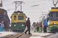 Train in Kleine Scheidegg under Eiger, Monch and Jungfrau peaks in Swiss Alps, Berner Oberland, Grindelwald,