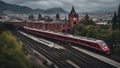 train leaving the city A crimson train that catches the eye at the railway station. The train is smooth and stylish,