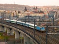 Train leaving Prague main railway station