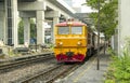 Train led by Diesel Electric locomotives parked station Royalty Free Stock Photo