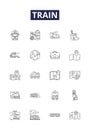 Train line vector icons and signs. Rail, Journey, Tracks, Express, Caboose, Freight, Wheels, Engine outline vector